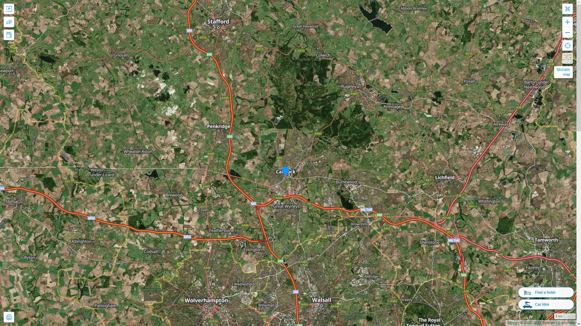 Cannock Royaume Uni Autoroute et carte routiere avec vue satellite
